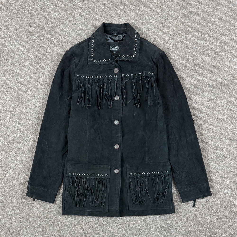 Vintage Excelled Collection Black Suede Leather Western Fringe Jacket Women’s XS - Picture 2 of 13